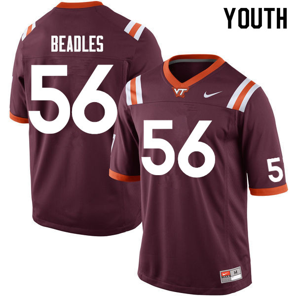 Youth #56 Justin Beadles Virginia Tech Hokies College Football Jersey Sale-Maroon - Click Image to Close